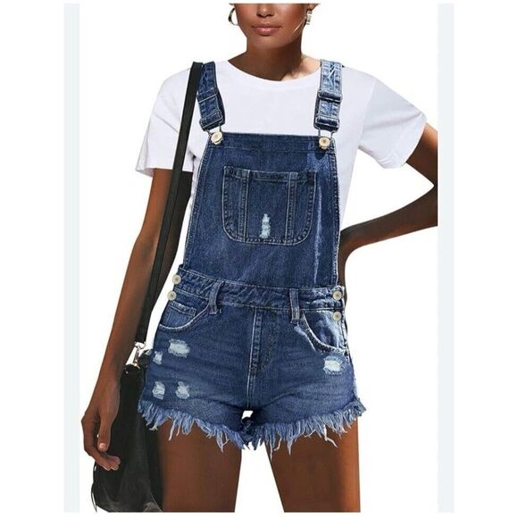 Jean Short Overalls‎ Distressed Denim Shortalls Juniors Size Medium - Picture 1 of 9